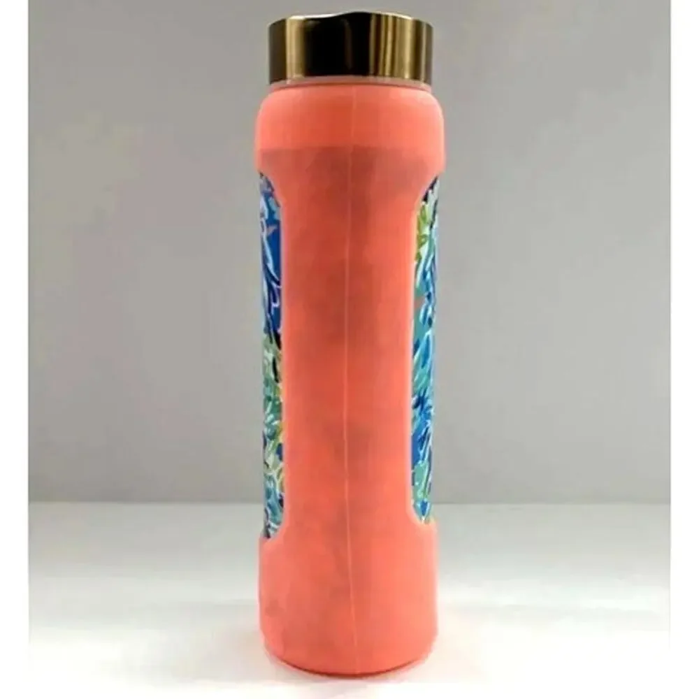 Lilly Pulitzer Eco-Friendly Coral Glass Water Bottle with Silicone Sleeve